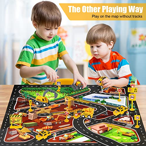 kizplays 260pcs Construction Race Tracks for Kids Toys, 6pcs Construction Car and Flexible Track Set Create Engineering Gifts for 3 4 5 6 Year Old Boys Girls