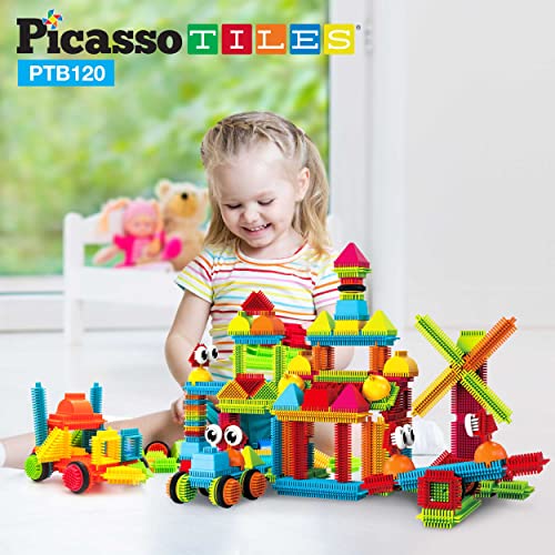 PicassoTiles Hedgehog Block Tiles Toy Building Block, Stacking Interlock Teeth Toys Construction Sensory Gifts STEM Learning Bristle Playset Educational Kit for Kids Toddlers age 3 and Up 120 Pieces