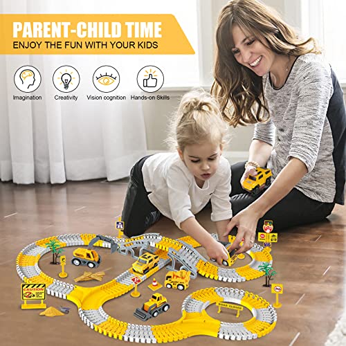 kizplays 260pcs Construction Race Tracks for Kids Toys, 6pcs Construction Car and Flexible Track Set Create Engineering Gifts for 3 4 5 6 Year Old Boys Girls