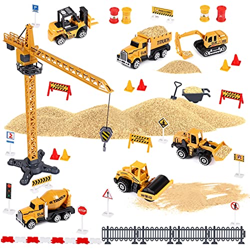 Construction Truck Car Toys Set Alloy Engineering Vehicle Toy with Digger, Bulldozer, Steamroller, Dump, Cement Mixer, Forklift, Excavator, Tower Crane Toy Large Truck Gift for Kids Boys 3 4 5 6 7 8
