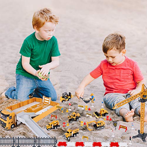 Construction Truck Car Toys Set Alloy Engineering Vehicle Toy with Digger, Bulldozer, Steamroller, Dump, Cement Mixer, Forklift, Excavator, Tower Crane Toy Large Truck Gift for Kids Boys 3 4 5 6 7 8