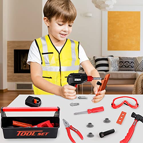 LOYO Kids Tool Set - 32Pcs Construction Tool Toys with Play Electric Drill and Carry Case Tool Box Pretend Play Toys for 3 4 5 6 7 Years Old Toddlers Boys