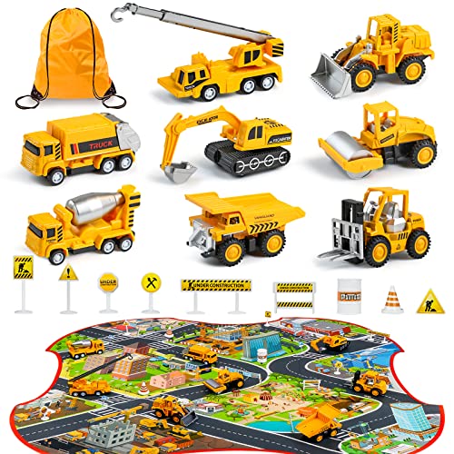LOYO Construction Vehicles Toys with Play Mat – 8 Mini Alloy Engineering Trucks Toys, 31.5x27.5Inch Play Mat, 12 Road Signs Birthday for 3 4 5 6 7 Years Old Toddlers Boys