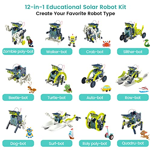 ACELIFE STEM Solar Robot Toy 12-in-1 Educational Science Kit DIY Building Toy Construction Engineering Set for Kids Age 8-12 Boys & Girls Birthday, Solar Powered Toy-Green