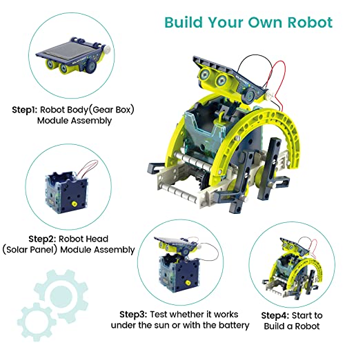 ACELIFE STEM Solar Robot Toy 12-in-1 Educational Science Kit DIY Building Toy Construction Engineering Set for Kids Age 8-12 Boys & Girls Birthday, Solar Powered Toy-Green