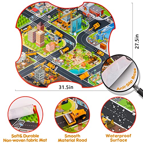 LOYO Construction Vehicles Toys with Play Mat – 8 Mini Alloy Engineering Trucks Toys, 31.5x27.5Inch Play Mat, 12 Road Signs Birthday for 3 4 5 6 7 Years Old Toddlers Boys