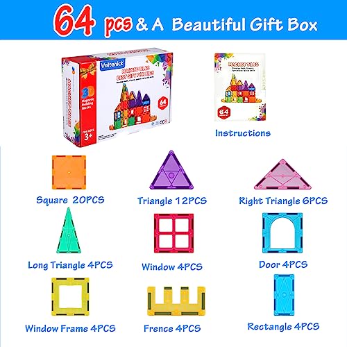 vatenick Magnetic Building Blocks Tiles Toy 64PCS Kids Learning Educational Construction Toys Gift for Boys Girls Stronger Magnetic Toys Building & Construction Toys for 3+ Year Old