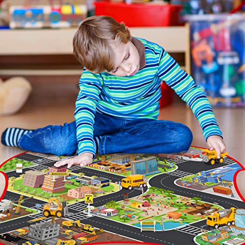 LOYO Construction Vehicles Toys with Play Mat – 8 Mini Alloy Engineering Trucks Toys, 31.5x27.5Inch Play Mat, 12 Road Signs Birthday for 3 4 5 6 7 Years Old Toddlers Boys