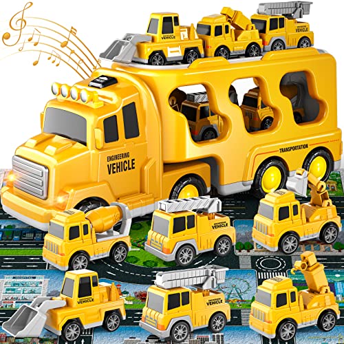 Doloowee Construction Truck Toys for Toddlers 7 in 1 Construction Transporter Truck Friction Power Toy Car, Excavator, Bulldozer, Crane and Mixer Christmas Birthday Gifts for 3-7 Years Old Boys
