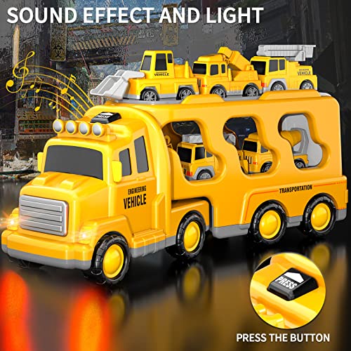 Doloowee Construction Truck Toys for Toddlers 7 in 1 Construction Transporter Truck Friction Power Toy Car, Excavator, Bulldozer, Crane and Mixer Christmas Birthday Gifts for 3-7 Years Old Boys