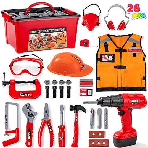 JOYIN 24 Pcs Construction Tool Accessories Playset Construction Pretend Play Toy Kit Including Construction Worker Costume and Electric Drill Toy in Storage Box