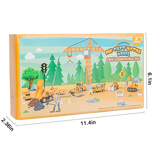 LOYO Construction Vehicles Toys with Play Mat – 8 Mini Alloy Engineering Trucks Toys, 31.5x27.5Inch Play Mat, 12 Road Signs Birthday for 3 4 5 6 7 Years Old Toddlers Boys