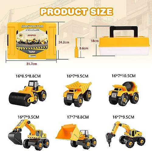 Vanplay Take-Apart Construction Vehicles Excavators Truck Toy with Storage Box, 6 in 1 DIY Building Educational Gift Toys for Boys Girls Age 3 4 5