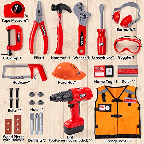 JOYIN 24 Pcs Construction Tool Accessories Playset Construction Pretend Play Toy Kit Including Construction Worker Costume and Electric Drill Toy in Storage Box