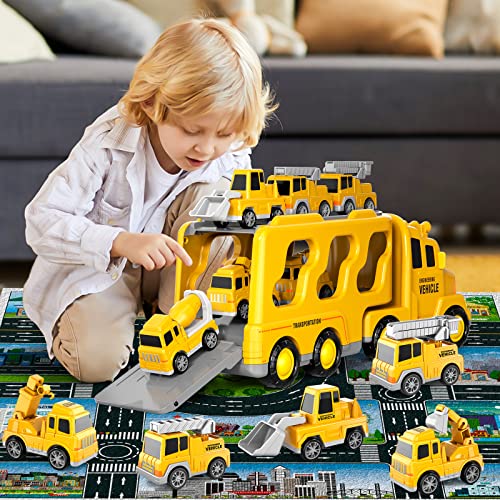 Doloowee Construction Truck Toys for Toddlers 7 in 1 Construction Transporter Truck Friction Power Toy Car, Excavator, Bulldozer, Crane and Mixer Christmas Birthday Gifts for 3-7 Years Old Boys
