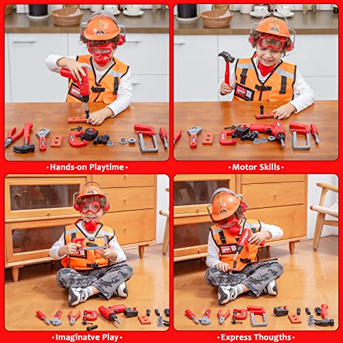 JOYIN 24 Pcs Construction Tool Accessories Playset Construction Pretend Play Toy Kit Including Construction Worker Costume and Electric Drill Toy in Storage Box