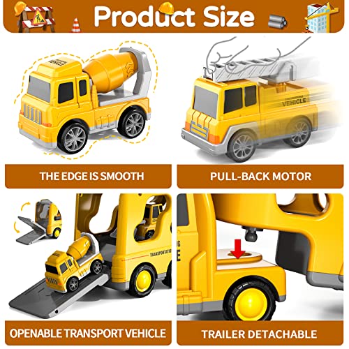 Doloowee Construction Truck Toys for Toddlers 7 in 1 Construction Transporter Truck Friction Power Toy Car, Excavator, Bulldozer, Crane and Mixer Christmas Birthday Gifts for 3-7 Years Old Boys