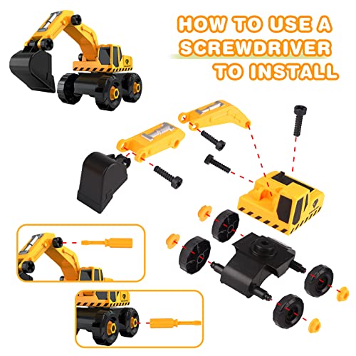 Vanplay Take-Apart Construction Vehicles Excavators Truck Toy with Storage Box, 6 in 1 DIY Building Educational Gift Toys for Boys Girls Age 3 4 5