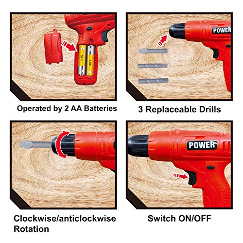 JOYIN 24 Pcs Construction Tool Accessories Playset Construction Pretend Play Toy Kit Including Construction Worker Costume and Electric Drill Toy in Storage Box