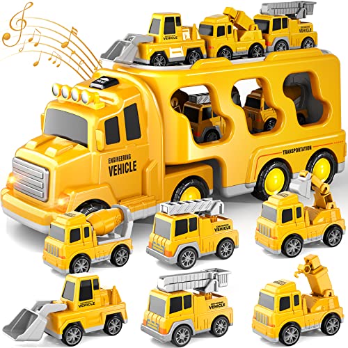 Doloowee Construction Truck Toys for Toddlers 7 in 1 Construction Transporter Truck Friction Power Toy Car, Excavator, Bulldozer, Crane and Mixer Christmas Birthday Gifts for 3-7 Years Old Boys