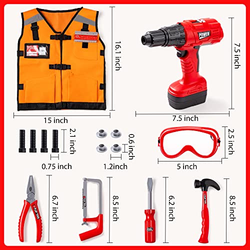 JOYIN 24 Pcs Construction Tool Accessories Playset Construction Pretend Play Toy Kit Including Construction Worker Costume and Electric Drill Toy in Storage Box