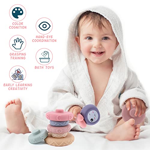 Brynnl Stacking & Nesting Baby Toys, 8pcs Squeeze Teething Baby Toys and Building Circle Toys Baby Stacking & Nesting Circle Toy, Early Educational Toy for 6 Months+ Baby Toddler Boys Girls