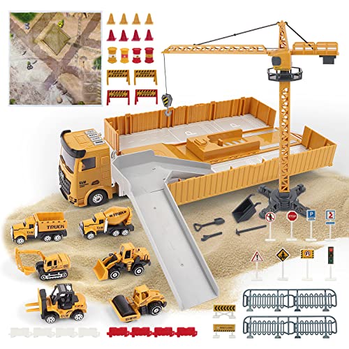 deAO Construction Set with Cargo Truck with Bulldozer, Tractor, Forklift, Mixer, Excavator, Crane and Dumper-Gift