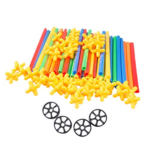 jojofuny 204 Pieces Straw Construction Toy Plastic Straw Block Play Set Colourful Locking Engineering Learning Kit with Wheels