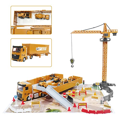 deAO Construction Set with Cargo Truck with Bulldozer, Tractor, Forklift, Mixer, Excavator, Crane and Dumper-Gift