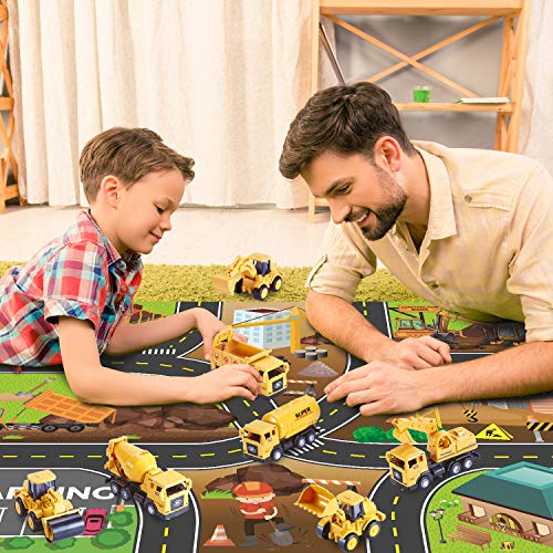 Yetech 7-1n-1 Construction Vehicles Toys Set with Play Mat - 7 Sturdy Engineering Trucks Toys, 27.6 * 31.5inches Play Mat, Christmas Birthday Gift for Toddlers Boys 3 4 5 6 7 Years Old