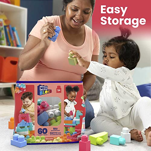 MEGA BLOKS Big Building Bag building set with 60 big and colorful building blocks, and 1 storage bag, toy gift set for ages 1 and up, DCH54