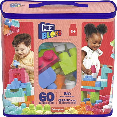 MEGA BLOKS Big Building Bag building set with 60 big and colorful building blocks, and 1 storage bag, toy gift set for ages 1 and up, DCH54