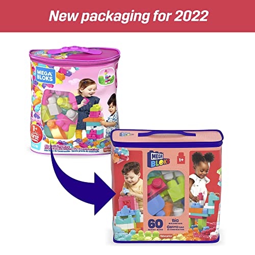 MEGA BLOKS Big Building Bag building set with 60 big and colorful building blocks, and 1 storage bag, toy gift set for ages 1 and up, DCH54