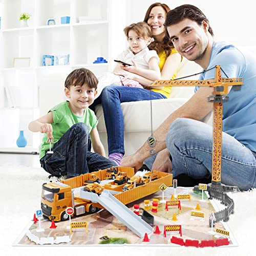 deAO Construction Set with Cargo Truck with Bulldozer, Tractor, Forklift, Mixer, Excavator, Crane and Dumper-Gift