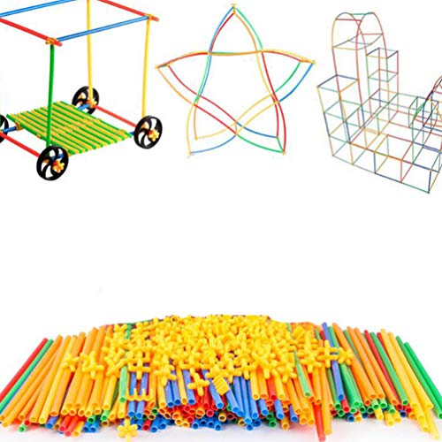 jojofuny 204 Pieces Straw Construction Toy Plastic Straw Block Play Set Colourful Locking Engineering Learning Kit with Wheels