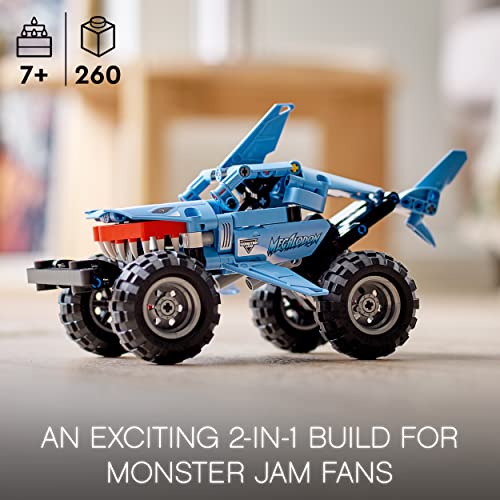 LEGO Technic Monster Jam Megalodon 2 in 1 Pull Back Shark Truck to Lusca Low Racer Car Toy, 2022 Series, Set for Kids, Boys and Girls 7 Plus Years Old 42134
