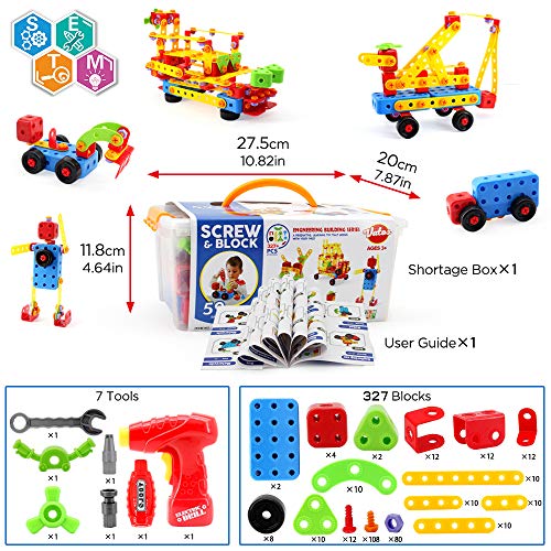 VATOS Building Construction Toys Set for Boys 327 Pcs - STEM Engineering Screw & Drills Block Bricks, Toys for Boys Ages 3 4 5 6-10 Year Old, Creative Toy Gift for Kids Toddlers