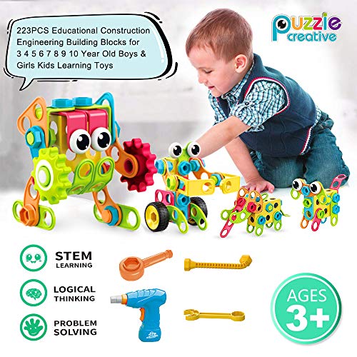 STEM Toys Building Blocks - 223 PCS Educational Construction Tiles Set Engineering Kit with Drill Toy Creative Activities Games Learning Toys Gift for Kids Ages 3 4 5 6 7 8 9 10 Year Old Boys Girls