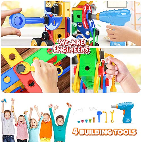STEM Toys Building Blocks - 223 PCS Educational Construction Tiles Set Engineering Kit with Drill Toy Creative Activities Games Learning Toys Gift for Kids Ages 3 4 5 6 7 8 9 10 Year Old Boys Girls