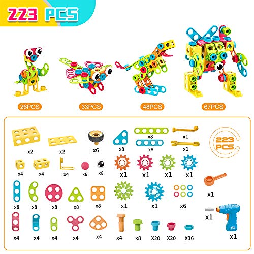 STEM Toys Building Blocks - 223 PCS Educational Construction Tiles Set Engineering Kit with Drill Toy Creative Activities Games Learning Toys Gift for Kids Ages 3 4 5 6 7 8 9 10 Year Old Boys Girls