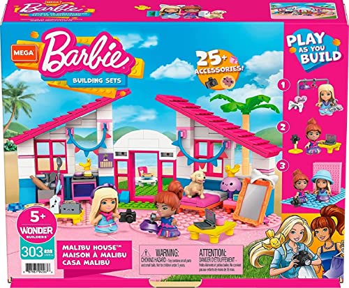 Barbie ​​MEGA Barbie Malibu House Building Set with 303 bricks and special pieces, accessories and 2 micro-dolls, toy gift set for ages 5 and up ​