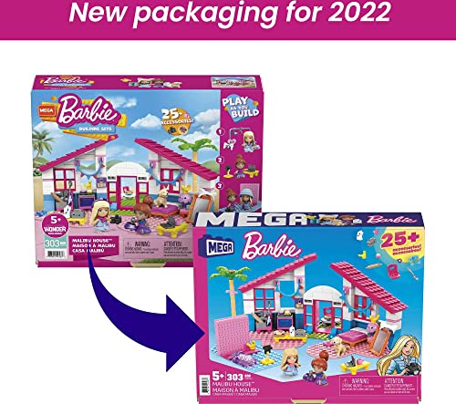 Barbie ​​MEGA Barbie Malibu House Building Set with 303 bricks and special pieces, accessories and 2 micro-dolls, toy gift set for ages 5 and up ​