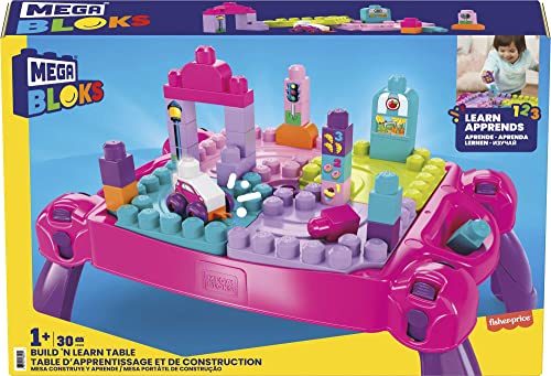 MEGA BLOKS Fisher-Price Toddler Building Blocks, Build n Learn Activity Table with 30 Pieces and Storage, Pink, Kids Age 1+ Years, FFG22