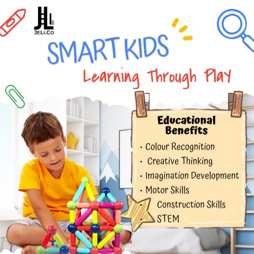 JELI.CO Magnetic Building Blocks Set (100PCS), STEM Construction Toys for Kids, Montessori Learning Resources, Magnet Tiles Sticks, Age 3+ Year Old Boys Girls, Gift- UK BRAND