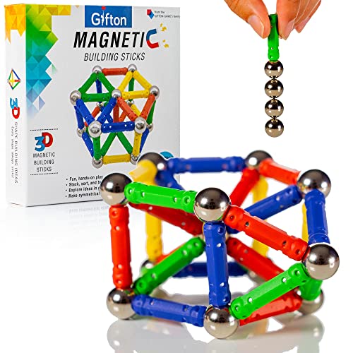 Gifton - Magnetic Building Sticks Blocks STEM Toy Set 30pc – Kids Learning Educational Construction Fidget Magnet Toys Gift For Boys Girls Age 6 7 8 Year Old - Christmas Stocking Fillers (1 Pack)