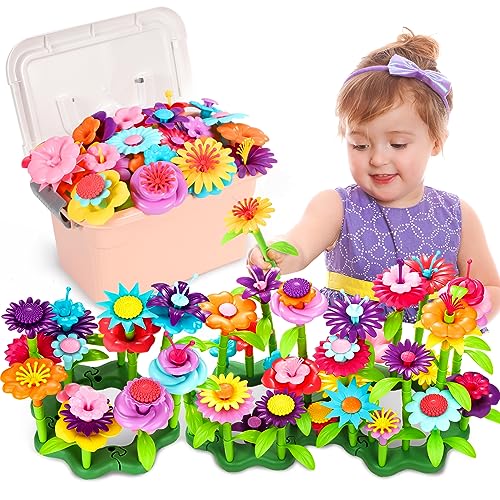 Fivejoy Flower Garden Building Toys for 3 Year Old Girls Boys,134pcs Flower Building Toy - Floral Arrangement Playset With Suitcase, Flower Building Blocks Set