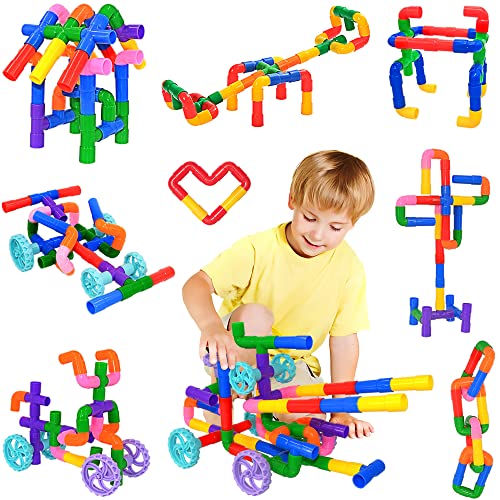 SIENIANLINE STEM Learning Pipe Tube Toy, Tube Locks Construction Building Blocks 96 Pcs - Multicolor Educational Building Blocks Set with Wheels& Spouts & Joints for Kid Ages 3+