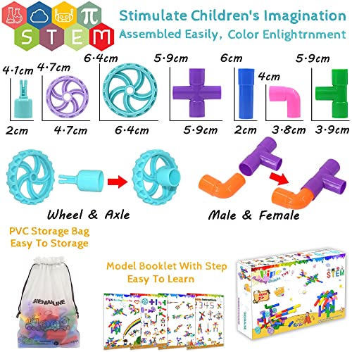 SIENIANLINE STEM Learning Pipe Tube Toy, Tube Locks Construction Building Blocks 96 Pcs - Multicolor Educational Building Blocks Set with Wheels& Spouts & Joints for Kid Ages 3+