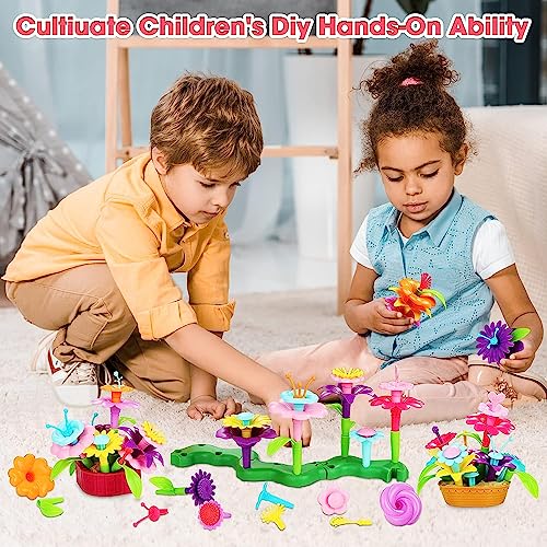Fivejoy Flower Garden Building Toys for 3 Year Old Girls Boys,134pcs Flower Building Toy - Floral Arrangement Playset With Suitcase, Flower Building Blocks Set