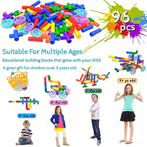SIENIANLINE STEM Learning Pipe Tube Toy, Tube Locks Construction Building Blocks 96 Pcs - Multicolor Educational Building Blocks Set with Wheels& Spouts & Joints for Kid Ages 3+